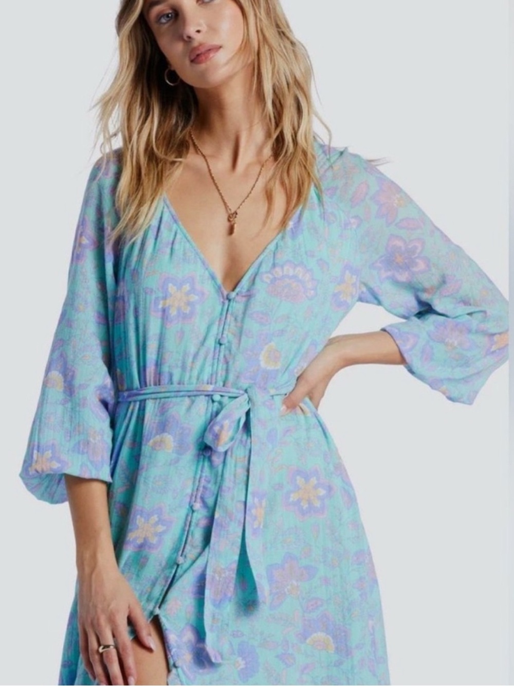 Billabong Long Sleeve Boho Maxi Dress Blue Floral XS Fairy Hippie Boho Cottage